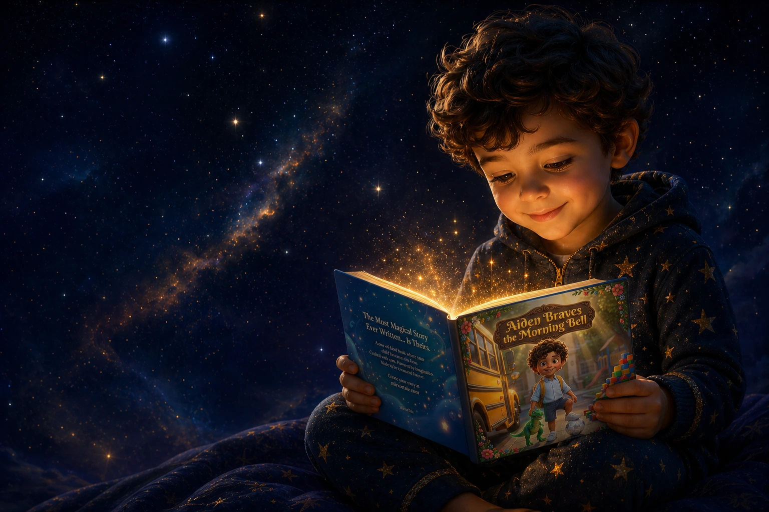 A child reading a realistic Aiden Braves the Morning Bell personalized storybook under a starry night sky